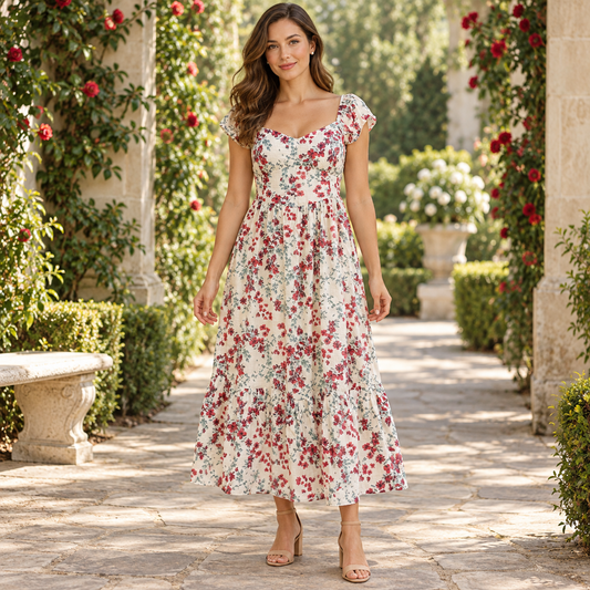 SugarKiss ivory floral maxi dress size L front model view