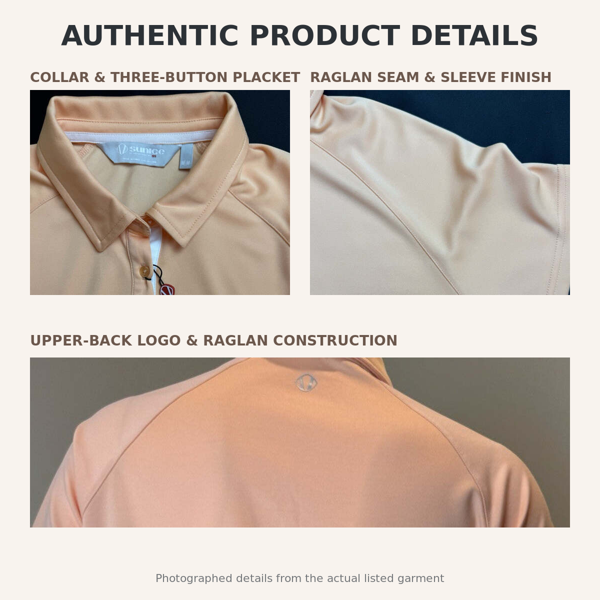 Sunice peach polo authentic collar raglan seam sleeve and upper back details