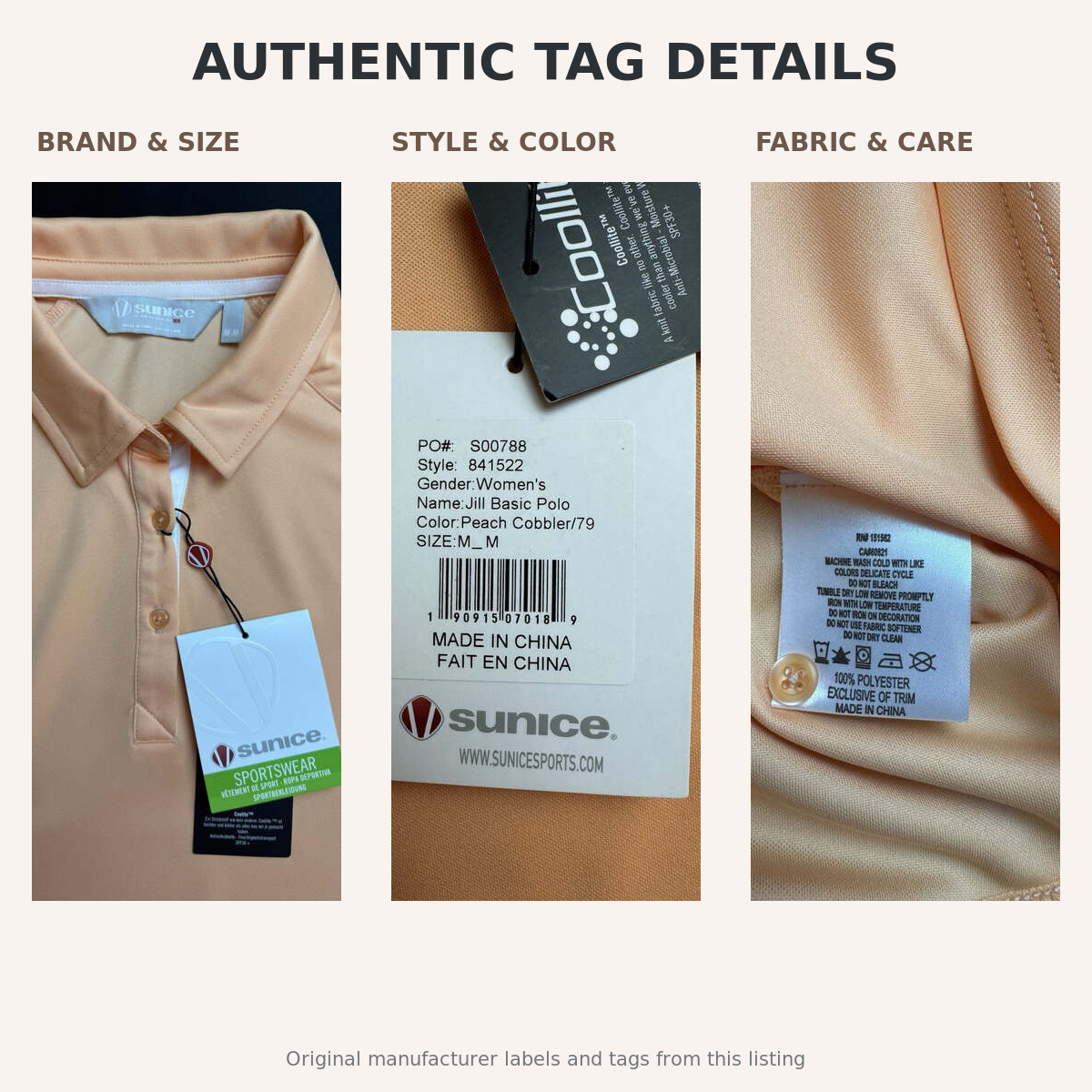 Sunice Jill Basic polo authentic size style color fabric and care tags