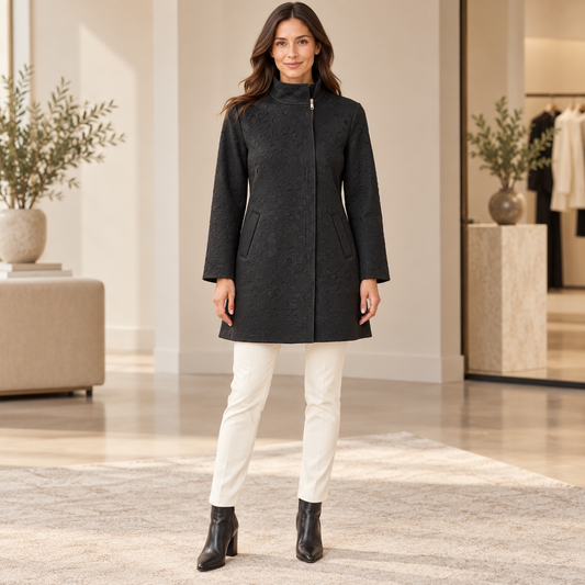 Symphony by A.F. black textured longline jacket size S front model view