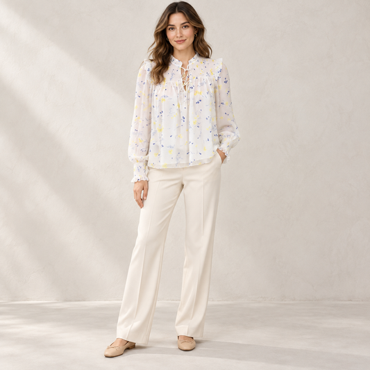 Tahari women’s white yellow and blue floral long sleeve blouse size S front model view