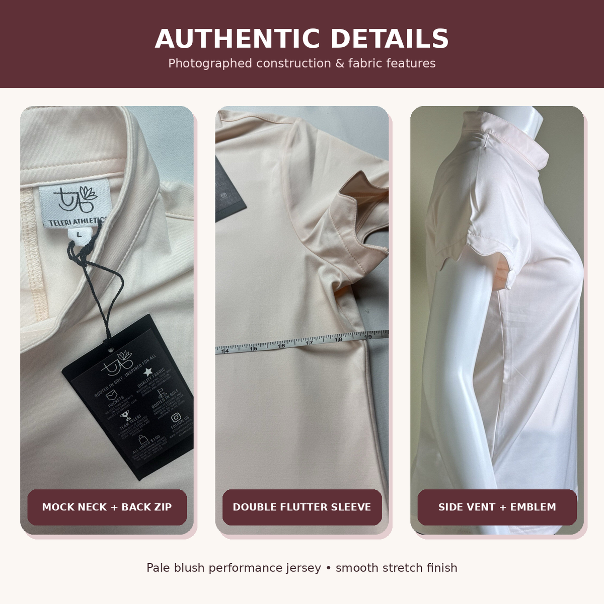 Authentic details of Teleri Athletics blush pink golf top including back zipper, flutter sleeve and side vent