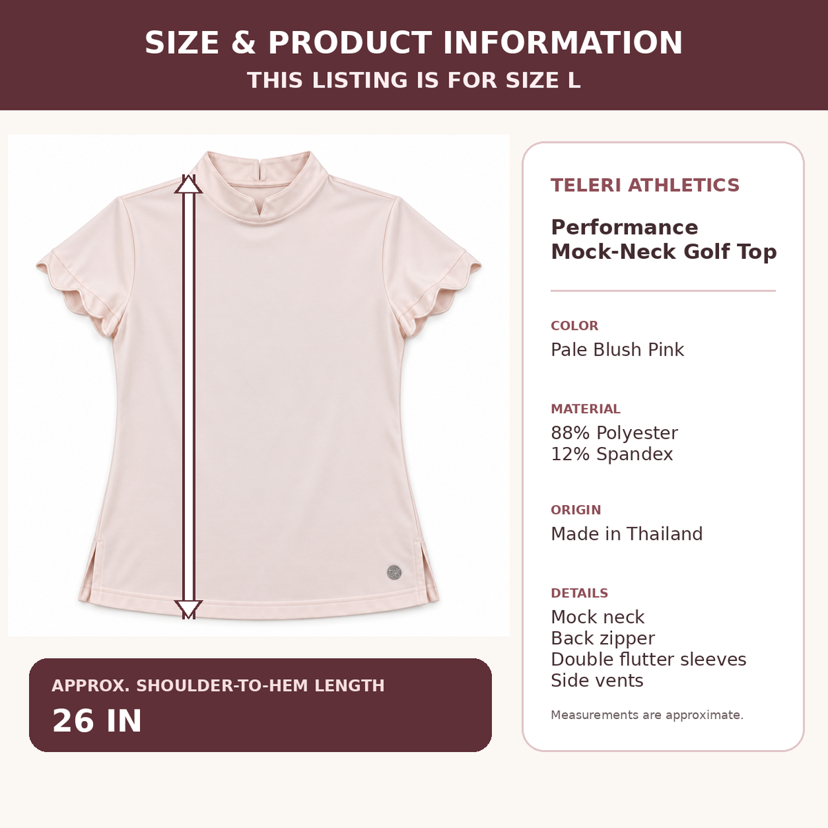 Teleri Athletics blush pink golf top size L product information with approximate 26 inch shoulder-to-hem length