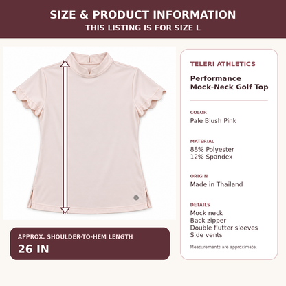 Teleri Athletics blush pink golf top size L product information with approximate 26 inch shoulder-to-hem length