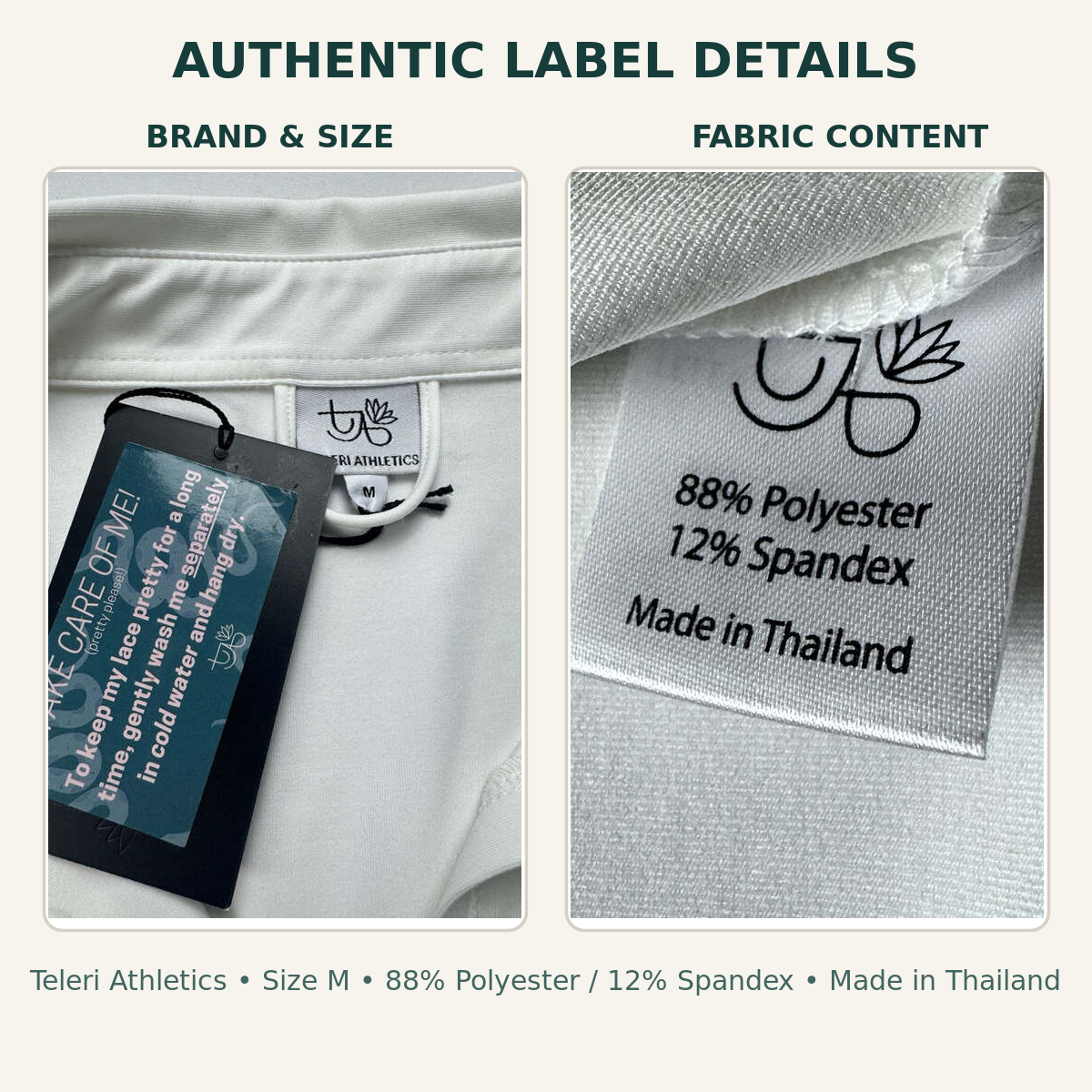 Authentic Teleri Athletics size M and fabric content labels