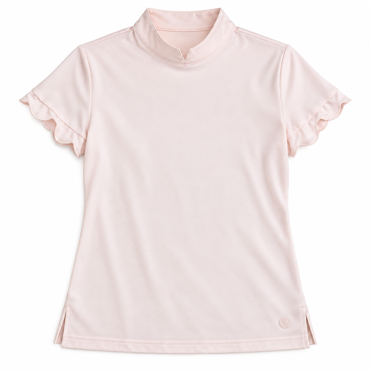 Teleri Athletics pale blush pink ruffle-sleeve golf shirt size S front flat view