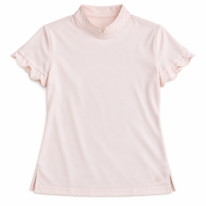 Teleri Athletics pale blush pink ruffle-sleeve golf shirt size S front flat view