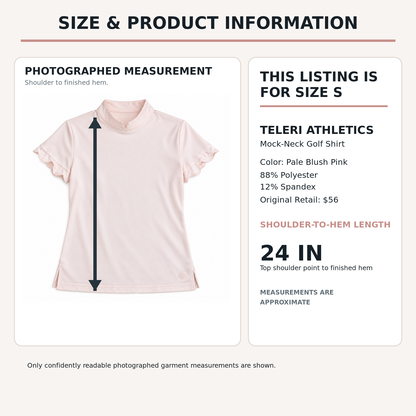 Teleri Athletics pink golf shirt size S product information and approximate 24 inch length