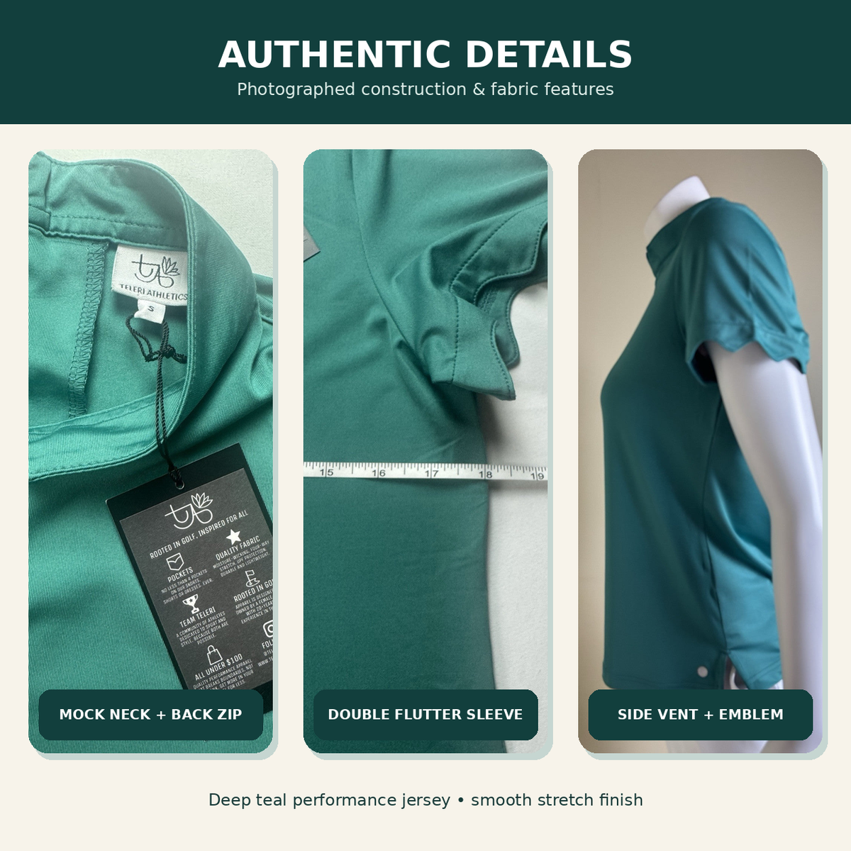 Authentic details of Teleri Athletics teal golf top including back zipper, flutter sleeve and side vent