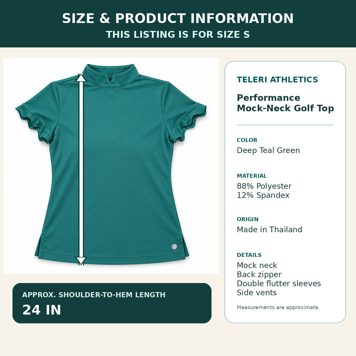 Teleri Athletics teal golf top size S product information with approximate 24 inch shoulder-to-hem length