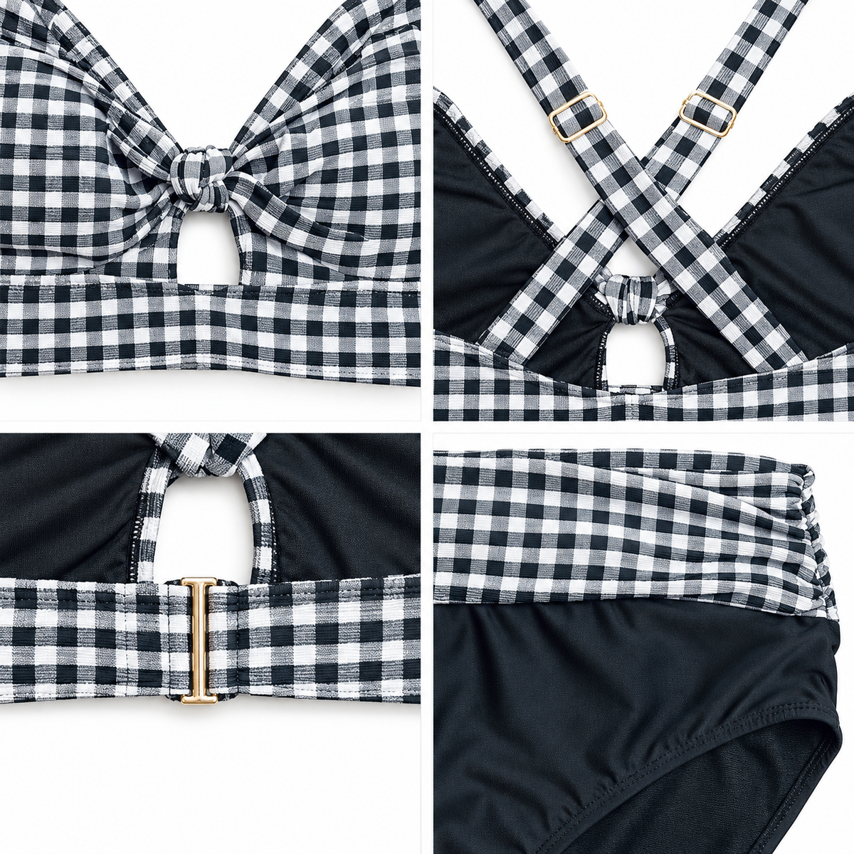 Terra & Sky gingham swim set tie front cross back clasp and waistband details
