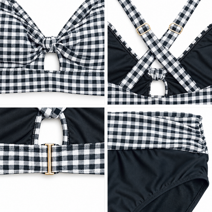 Terra & Sky gingham swim set tie front cross back clasp and waistband details