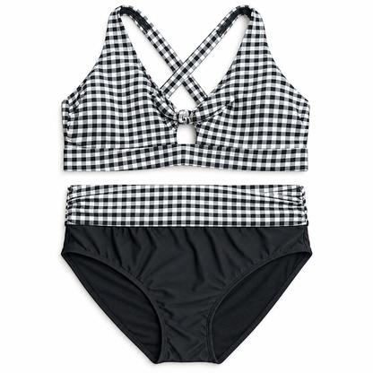 Terra & Sky black white gingham two-piece swim set size 3X front flat view