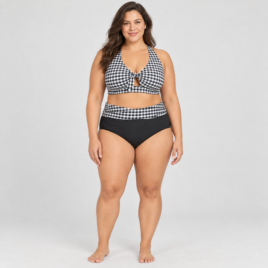 Terra & Sky women’s black white gingham two-piece swim set size 3X front model view
