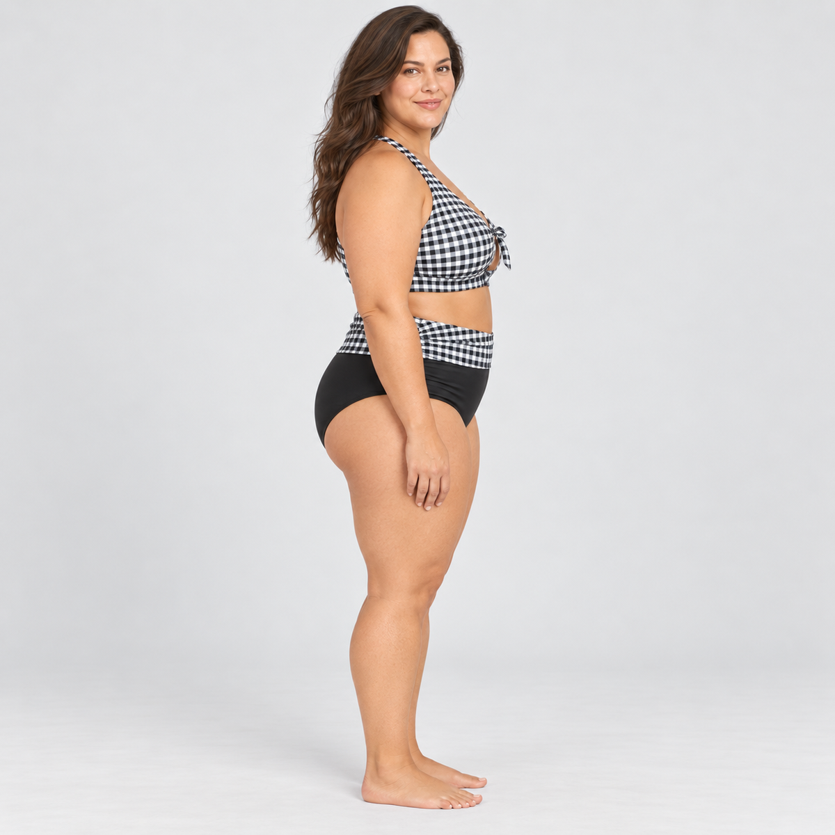 Terra & Sky women’s black white gingham two-piece swim set size 3X side model view