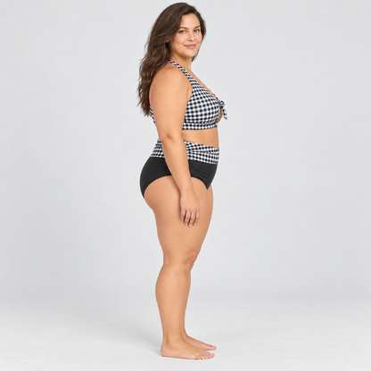 Terra & Sky women’s black white gingham two-piece swim set size 3X side model view