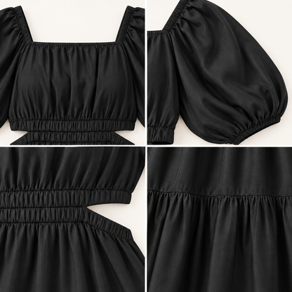 The Drop Anaya black maxi dress authentic neckline sleeve waist cutout and tier details