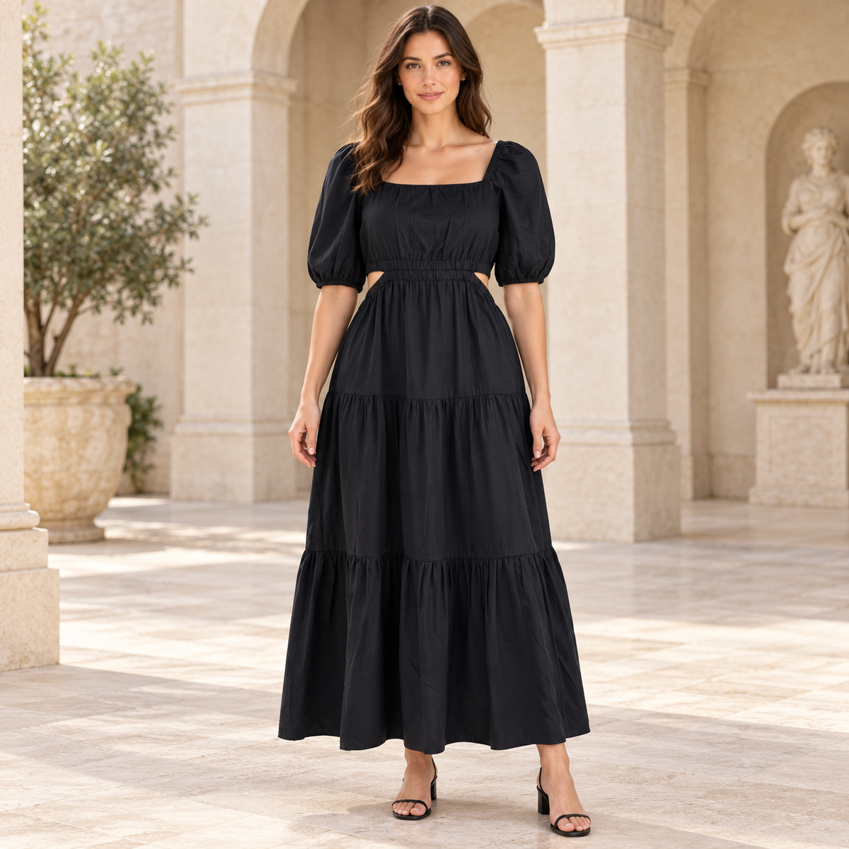 The Drop Anaya black maxi dress size XL front model view