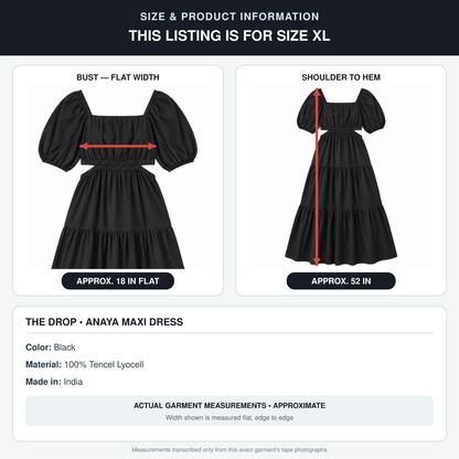 The Drop Anaya black maxi dress size XL information with approximate 18 inch flat bust and 52 inch length
