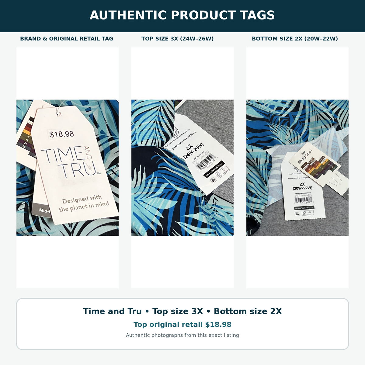 Authentic Time and Tru tags showing top size 3X, bottom size 2X, recycled fibers and top retail price 18.98 dollars