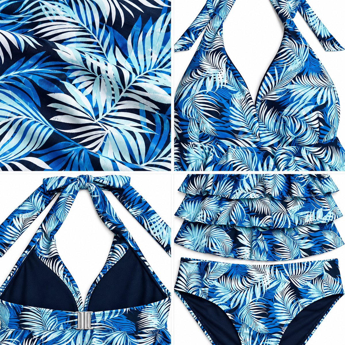 Time and Tru tropical palm tankini fabric, molded cups, halter tie, clasp, ruffle tiers and seam details