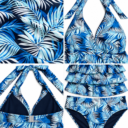Time and Tru tropical palm tankini fabric, molded cups, halter tie, clasp, ruffle tiers and seam details
