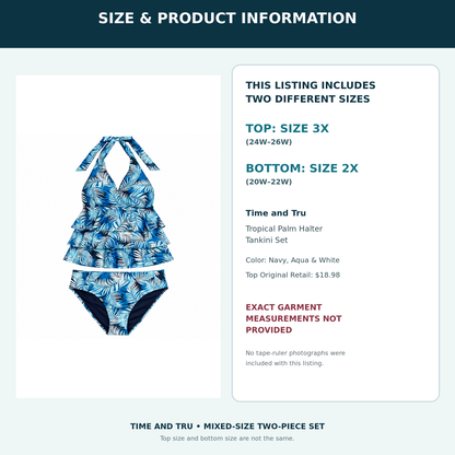 Size and product information for Time and Tru tankini set with size 3X top and size 2X bottom; exact garment measurements not provided