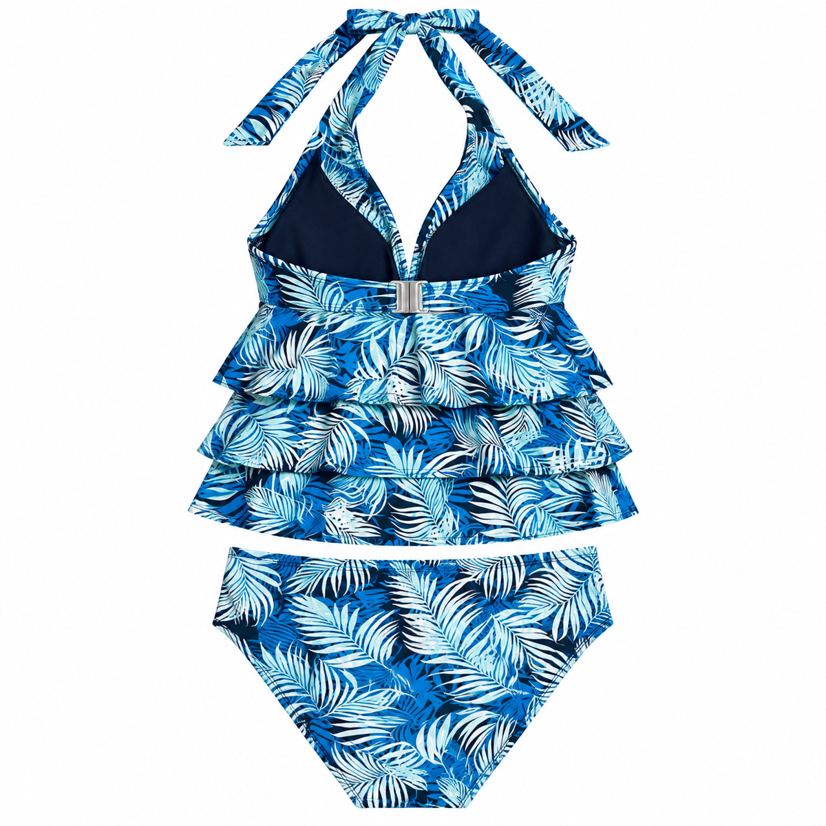 Time and Tru tropical palm tankini top size 3X and bikini bottom size 2X, back flat lay with silver clasp