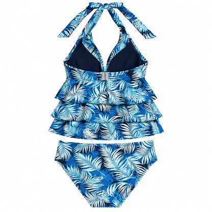 Time and Tru tropical palm tankini top size 3X and bikini bottom size 2X, back flat lay with silver clasp