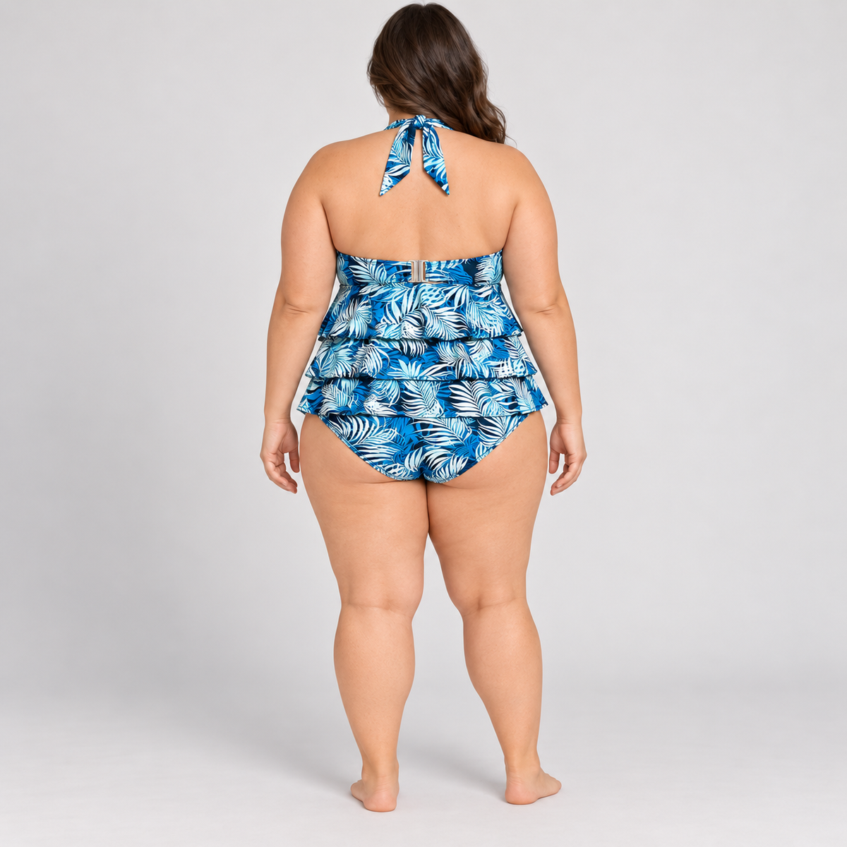 Time and Tru tropical palm halter tankini set showing tie halter and back clasp, back model view