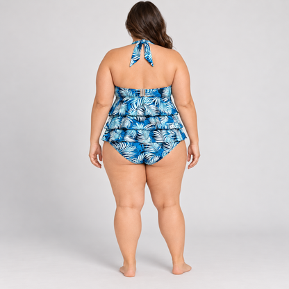 Time and Tru tropical palm halter tankini set showing tie halter and back clasp, back model view