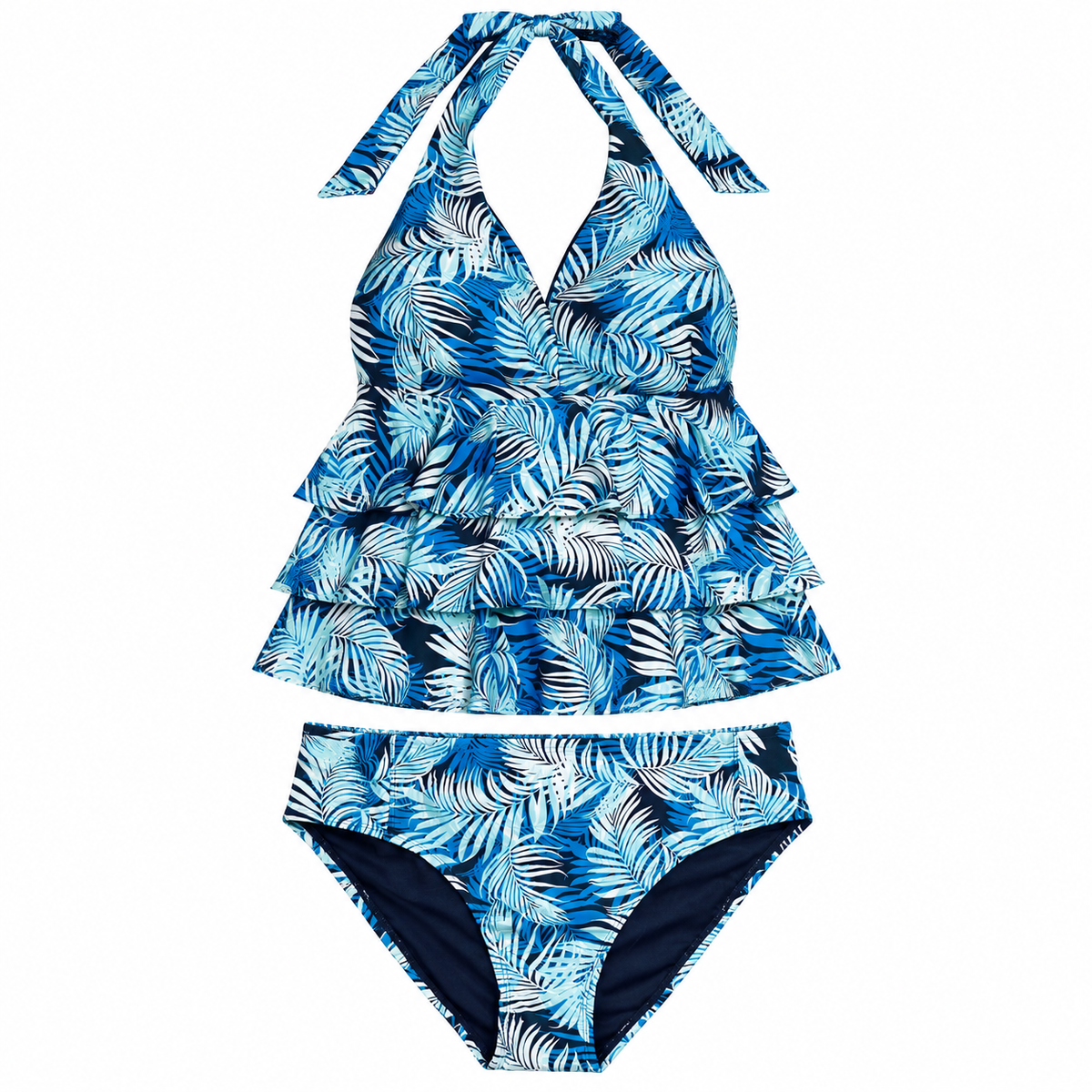 Time and Tru tropical palm tankini top size 3X with matching bikini bottom size 2X, front flat lay