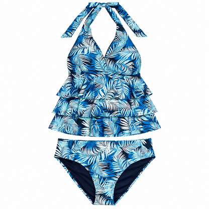 Time and Tru tropical palm tankini top size 3X with matching bikini bottom size 2X, front flat lay