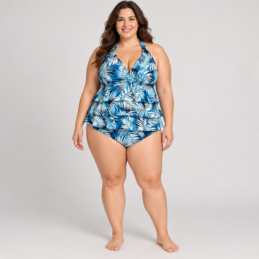 Time and Tru tropical palm halter tankini set, top size 3X and bottom size 2X, front model view