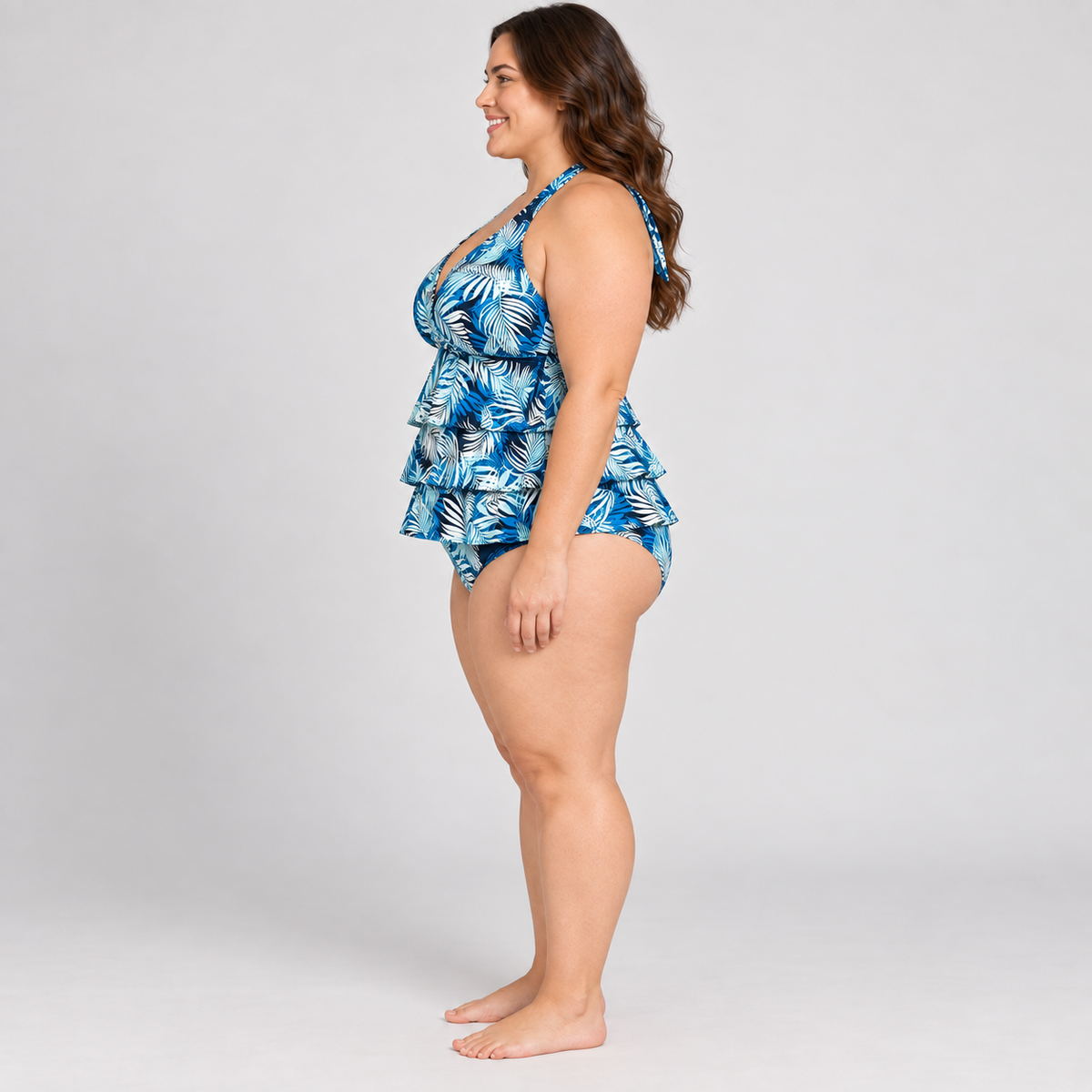 Time and Tru tropical palm halter tankini set, top size 3X and bottom size 2X, side model view