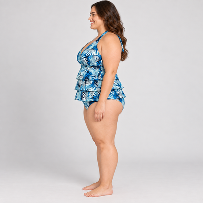 Time and Tru tropical palm halter tankini set, top size 3X and bottom size 2X, side model view