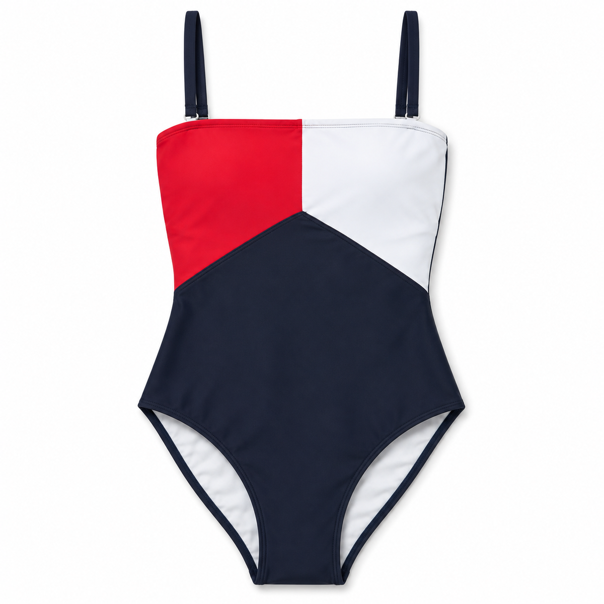 Tommy Hilfiger red white and navy colorblock one-piece swimsuit size XS front flat view