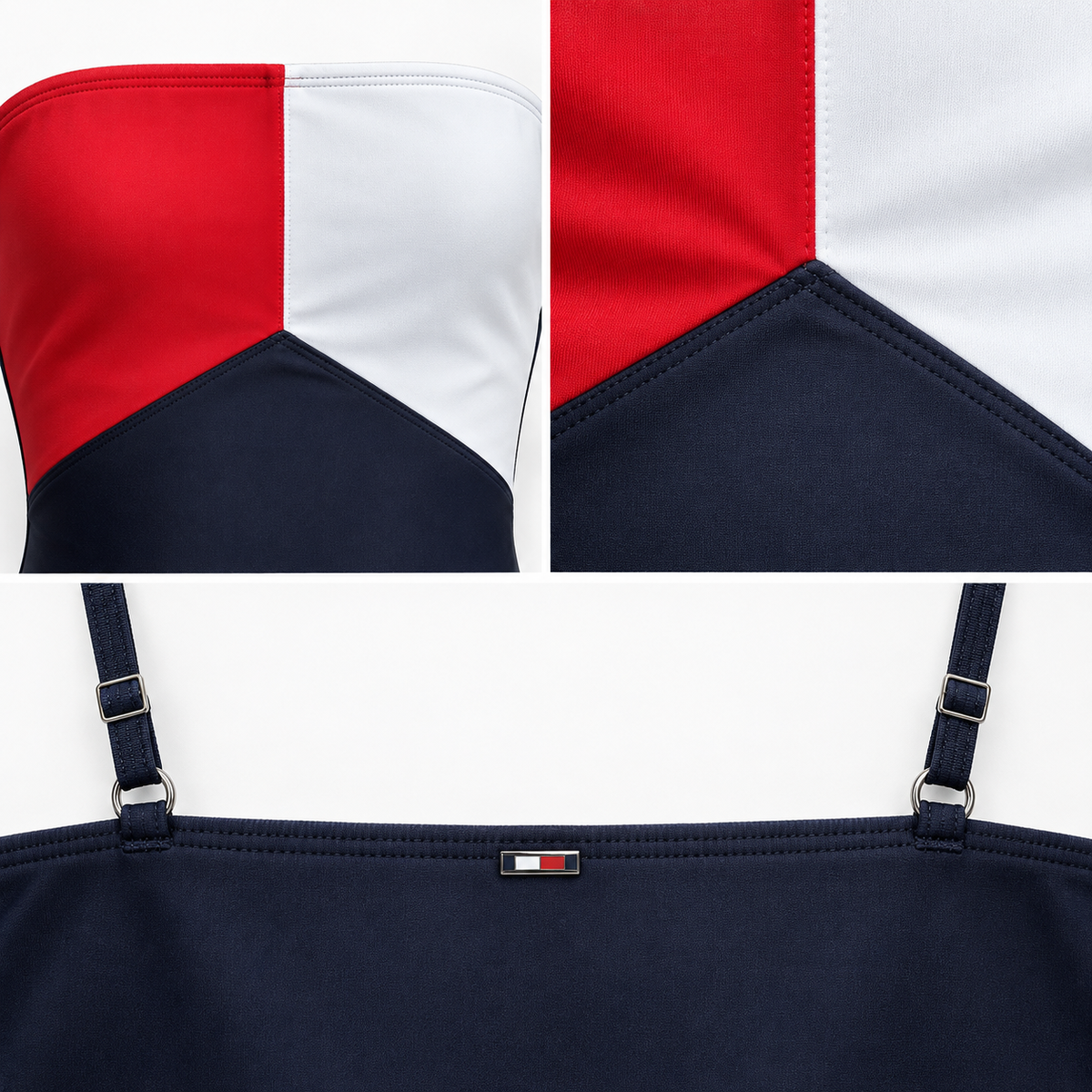 Tommy Hilfiger colorblock swimsuit construction seams straps and back logo detail