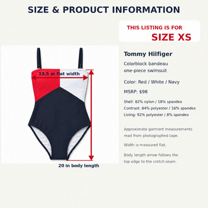 Tommy Hilfiger swimsuit size XS product information with correctly aligned approximate flat width and body length measurement arrows