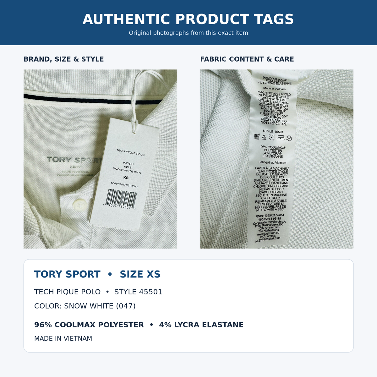 Authentic Tory Sport size XS style 45501 and fabric care tags