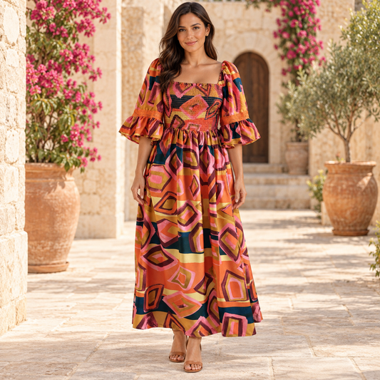 Truly 4 You multicolor smocked maxi dress size M front model view