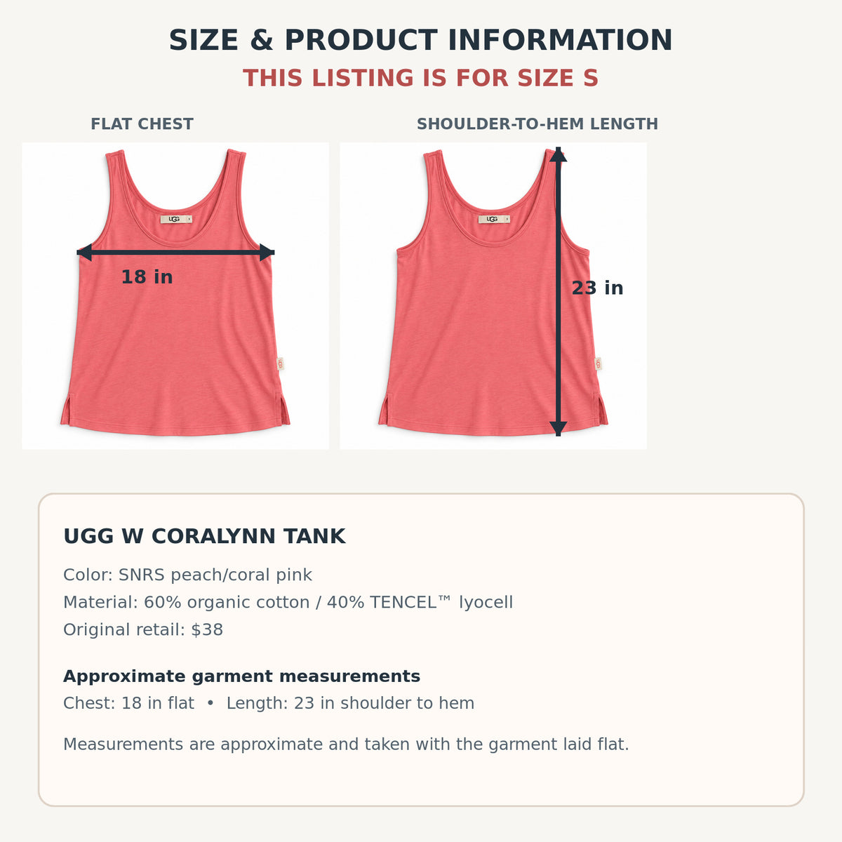 UGG Coralynn tank size S product information with 18 inch flat chest and 23 inch length