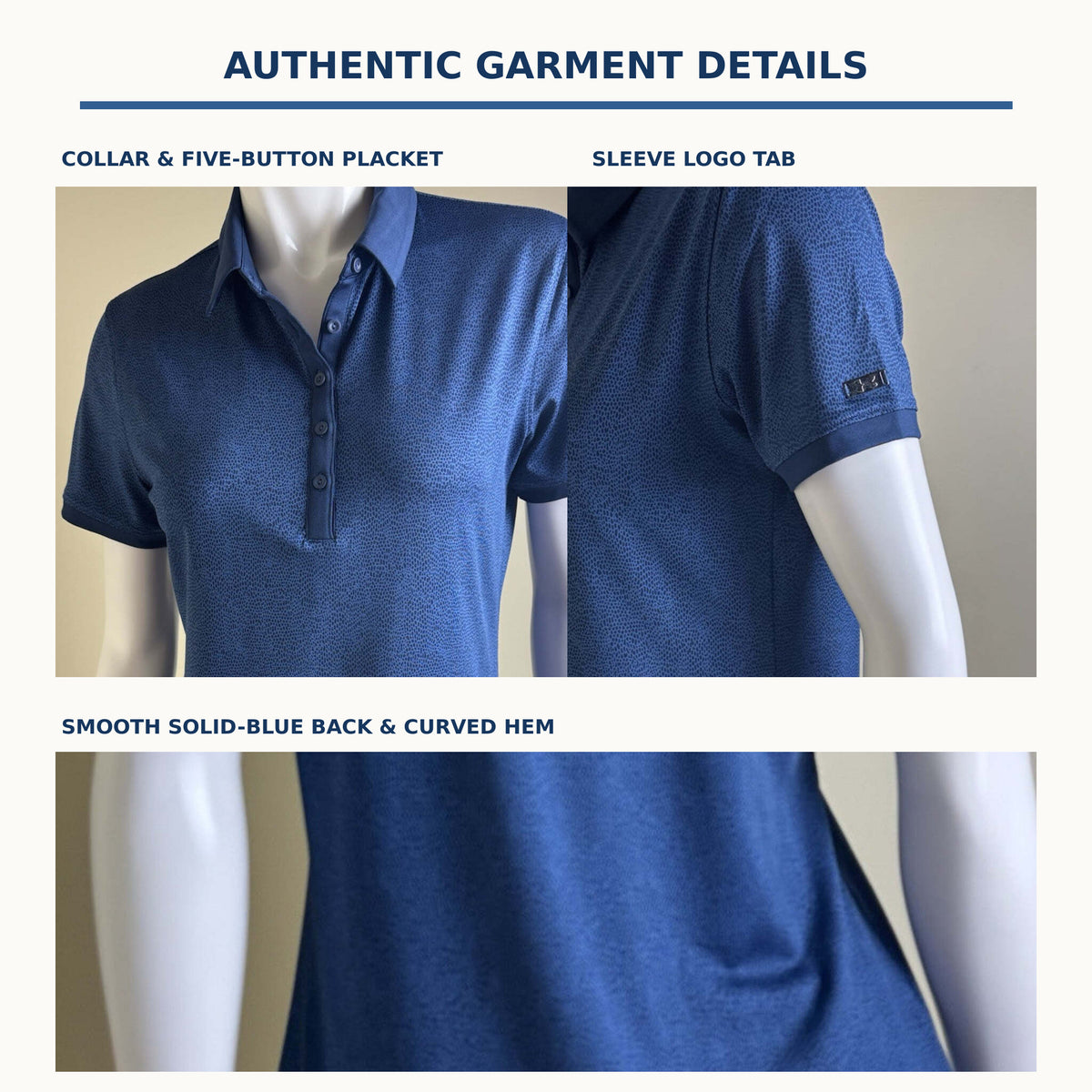 Authentic Under Armour blue golf polo five-button placket sleeve logo and solid back details