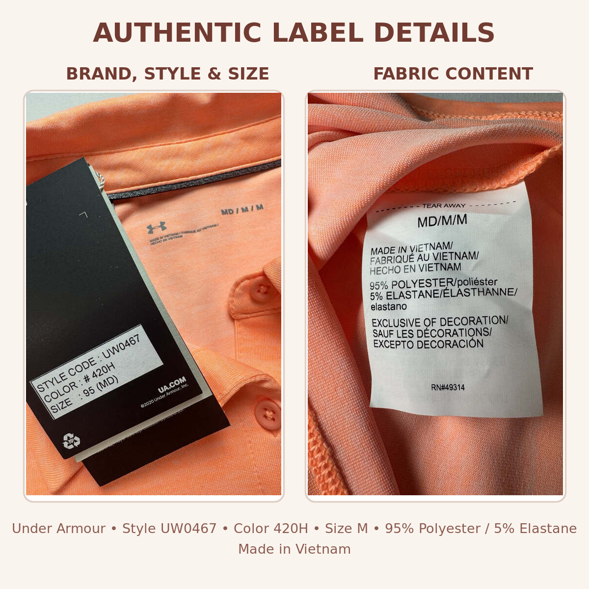 Authentic Under Armour style size fabric and origin labels