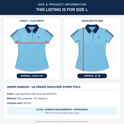 Under Armour women's polo size L product information with approximate 19 inch flat chest and 27 inch length