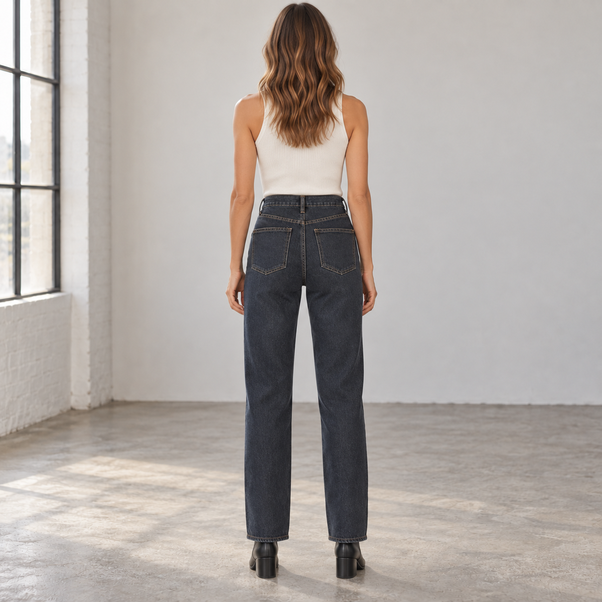 WeWoreWhat High Rise Dad Jean size 24 blue black back model view
