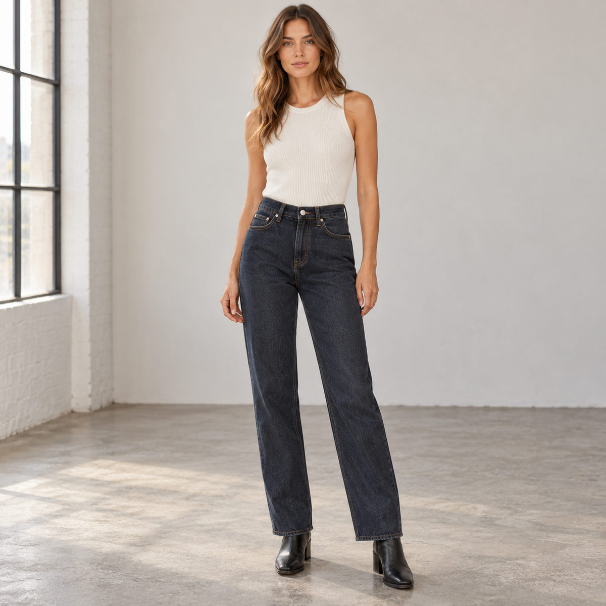 WeWoreWhat High Rise Dad Jean size 24 blue black front model view