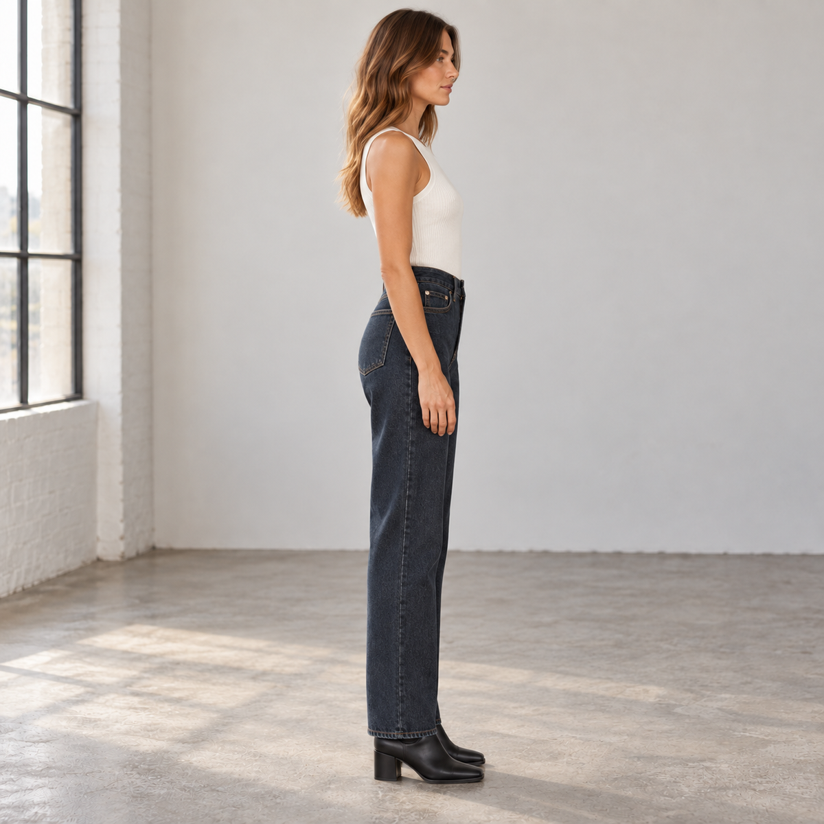 WeWoreWhat High Rise Dad Jean size 24 blue black side model view