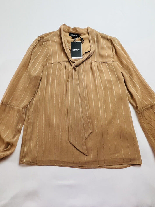 DKNY Women's Tan Top Shiny Tie-Neck Blouse Sz XS