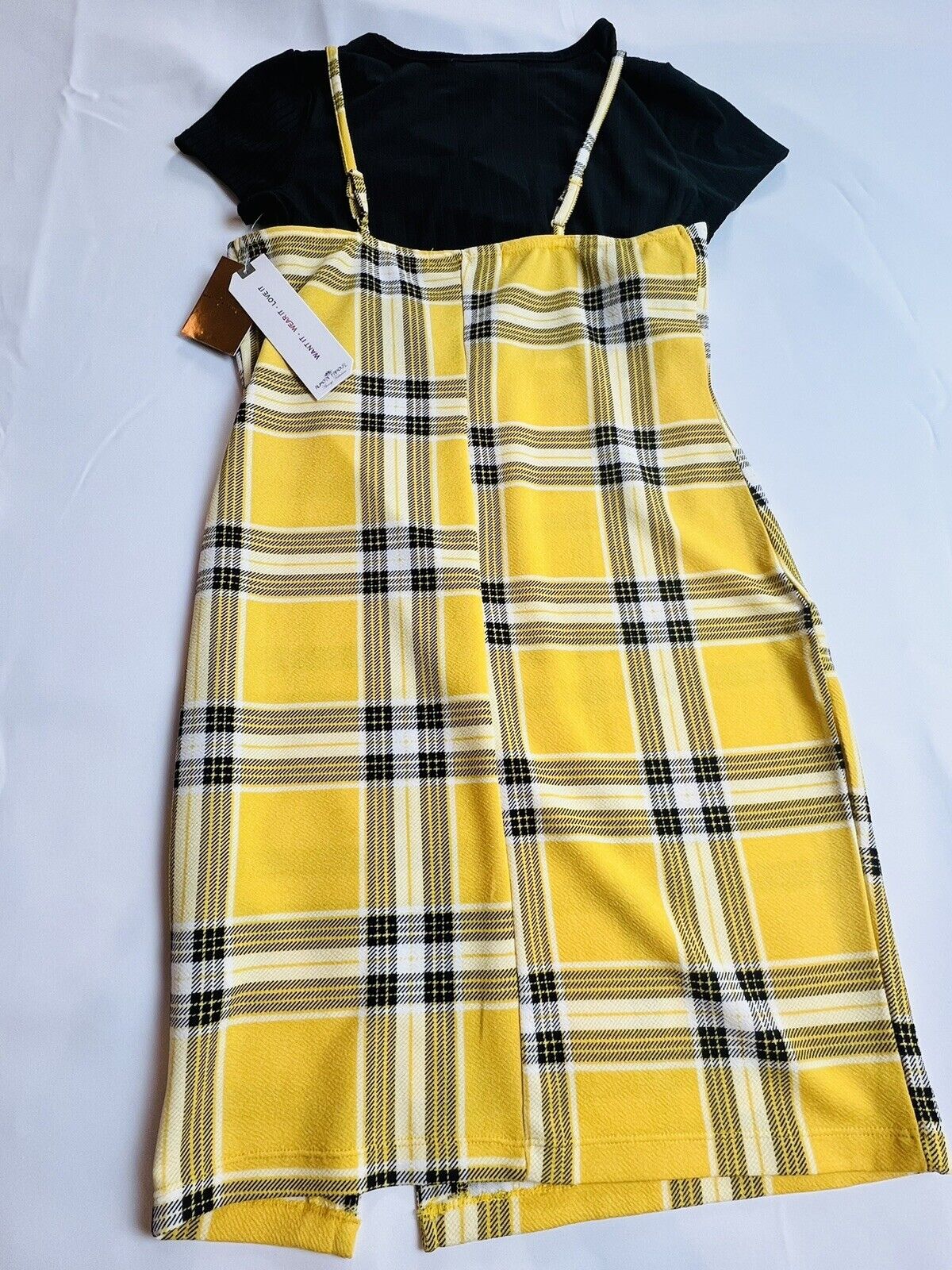 Almost famous Yellow Plaid 2 Pc Dress Black Top Set Size XL